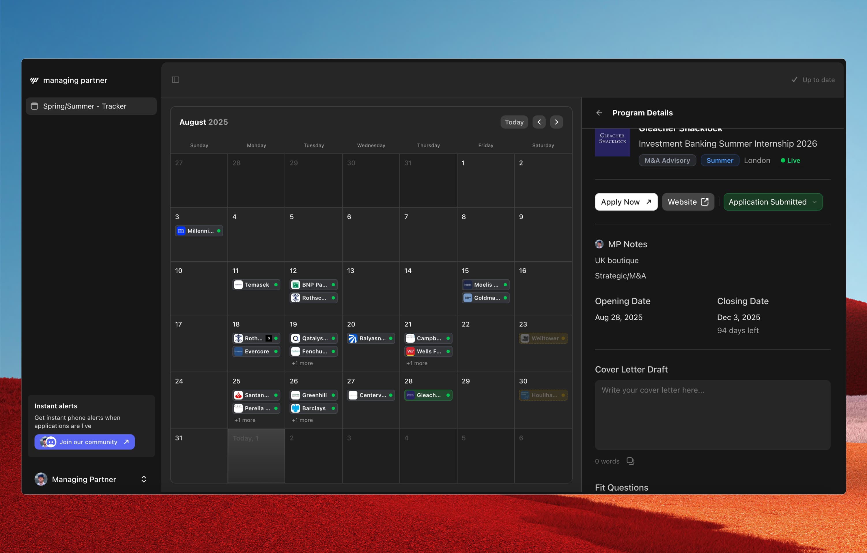 managingpartner product interface showing calendar for summer and spring applications